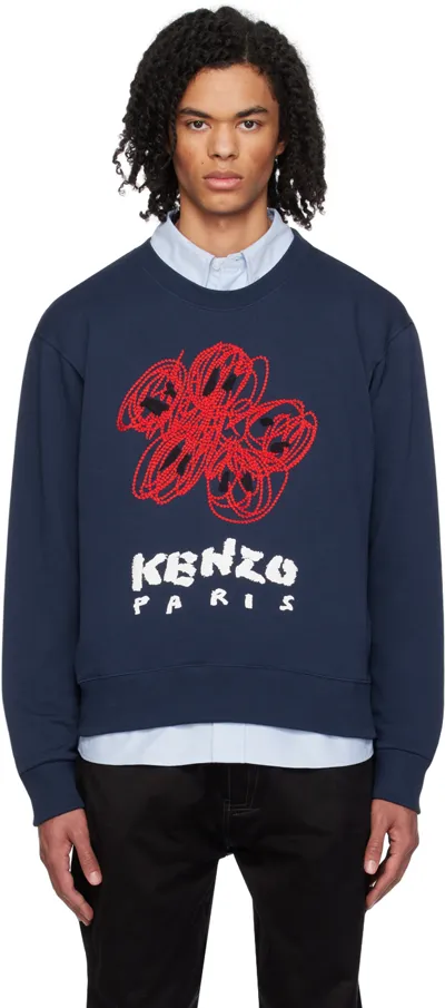 Kenzo Varsity Drawn Floral-embroidered Sweatshirt In Dark Blue