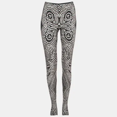 Pre-owned Norma Kamali Black Print Stretch Knit Footie Leggings M