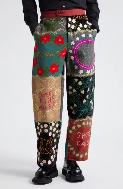 Bode Floral Genus Embroidered Patchwork Wool & Cotton Straight Leg Pants In Multi