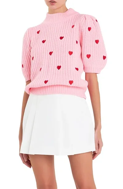 English Factory Heart Embroidered Puff Sleeve Sweater In Pink