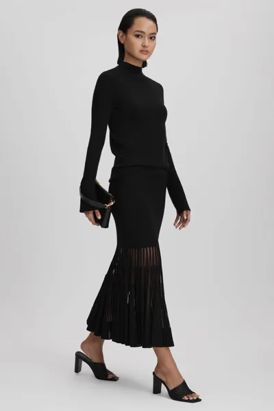 Reiss Black Tilly Knitted Sheer Flared Midi Skirt