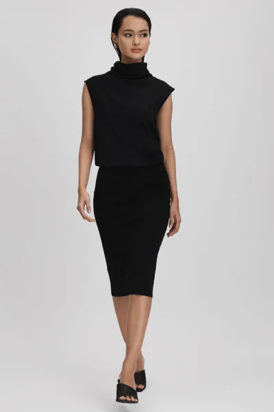 Reiss Black Cici Roll Neck Draped Midi Dress