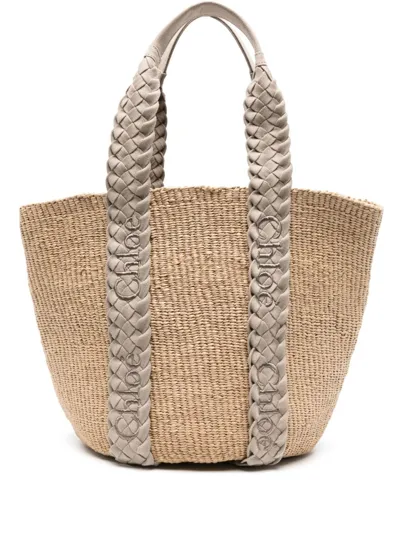 Chloé Large Woody Raffia Tote Bag In Brown