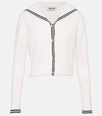 Miu Miu Striped Cotton-blend Cardigan In White