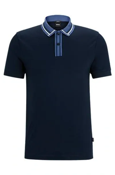 Hugo Boss Mercerised-cotton Slim-fit Polo Shirt With Contrast Stripes In Dark Blue