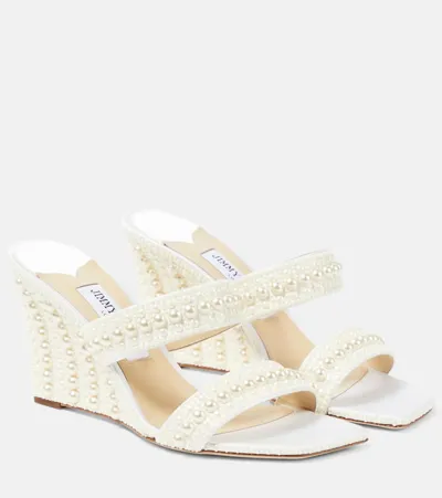 Jimmy Choo Sacoria Pearly Dual-band Wedge Sandals In White