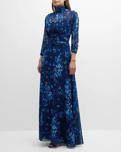 Rickie Freeman For Teri Jon Floral-print Turtleneck Chiffon Gown In Navy Multi