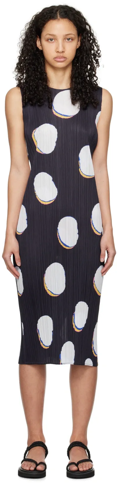 Issey Miyake Navy & White Bean Dots Midi Dress In Blue