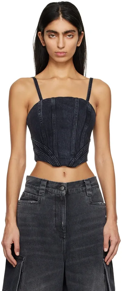 Amiri Denim Crop Corset Top In Faded Black