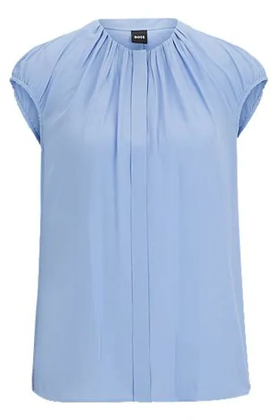 Hugo Boss Regular-fit Cap-sleeved Blouse With Gathered Details In Blue