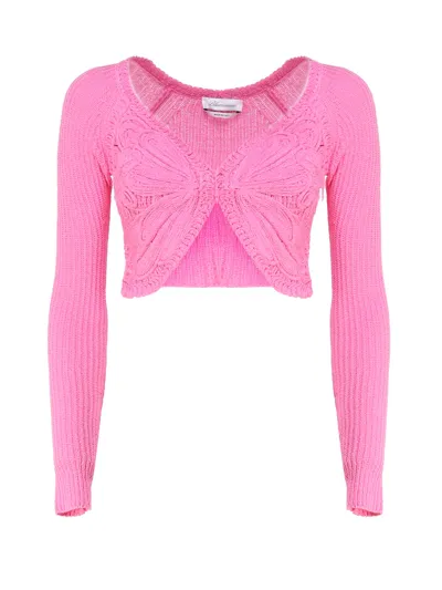 Blumarine Cropped Cardigan With Butterfly Embroidery In Pink