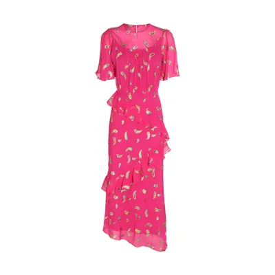 Saloni Vida-b Floral Silk Flounce Dress In Fuchsia/rainbow