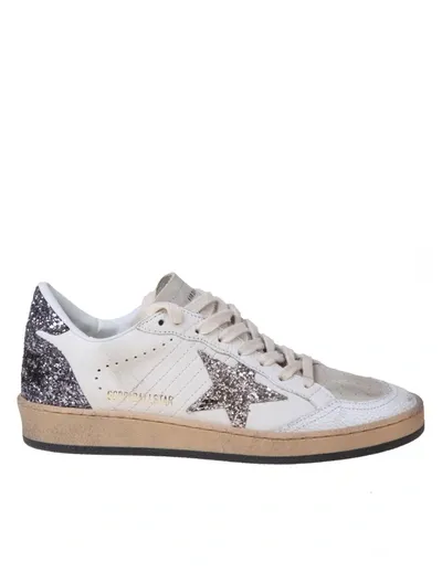 Golden Goose Ballstar In White Leather With Glitter Star