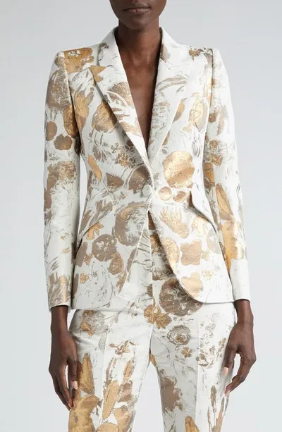 Alexander Mcqueen Metallic Floral Brocade Single-breasted Blazer Jacket In Gold