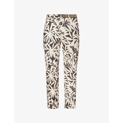 Sacai Mens Beige Brown Leaf-print Straight-leg Cotton Trousers