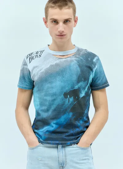 Erl Ripped-collar Beach Boys T-shirt In Blue