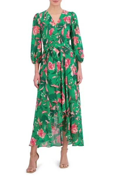 Eliza J Floral Balloon Sleeve Faux Wrap Midi Dress In Green