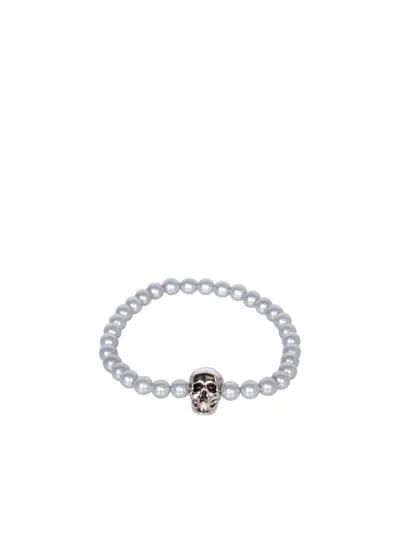 Alexander Mcqueen Beaded Skull Silver Bracelet In Metallic