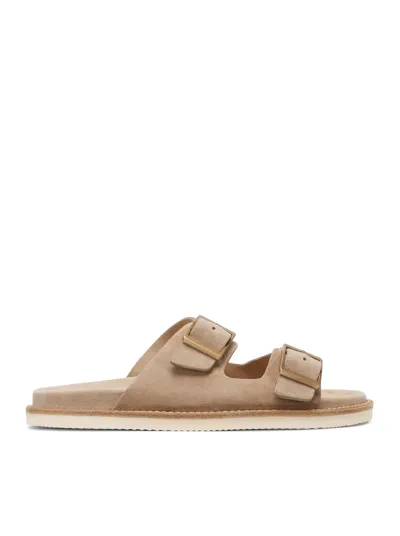 Brunello Cucinelli Double-buckle Suede Sandals In Nude & Neutrals