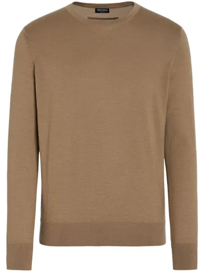 Zegna Fine-knit Crew-neck Jumper In Brown