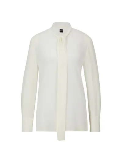 Hugo Boss Relaxed-fit Blouse In Washed Silk With Tie Collar In Natural