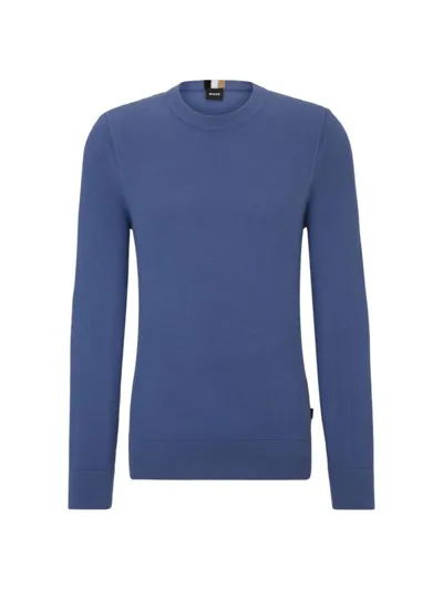 Hugo Boss Micro-structured Crew-neck Sweater In Cotton In Blue