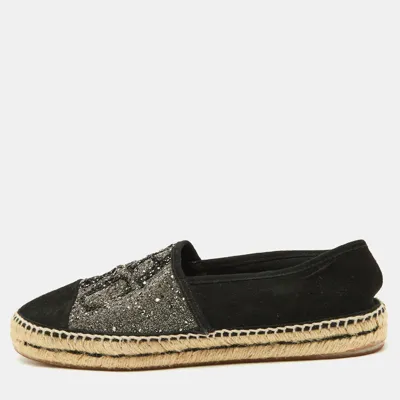 Pre-owned Ch Carolina Herrera Black/silver Crystal Embellished Suede Espadrille Flats Size 40