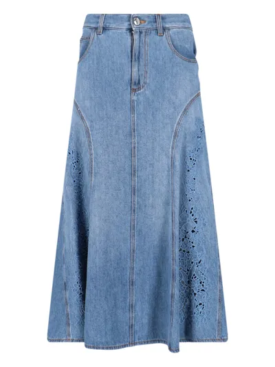 Chloé Floral Broderie Anglaise Cotton Linen Denim A-line Midi Skirt In Blue