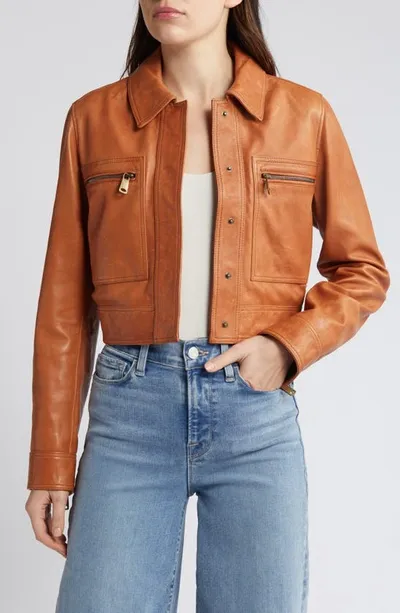 Frame Fitted Leather Moto Jacket In Brown