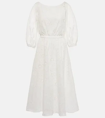 Carolina Herrera Shirred Cotton Midi Dress In White