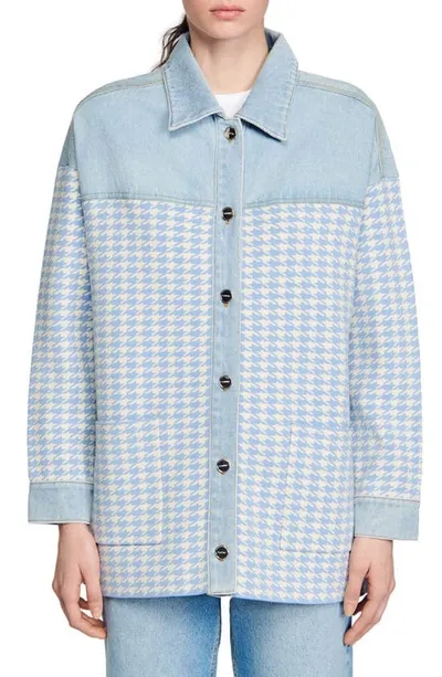 Sandro Natan Knit Contrast Denim Jacket In Sky Blue