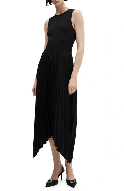 Mango Pleated Handkerchief Hem Sleeveless Midi Dress In Black