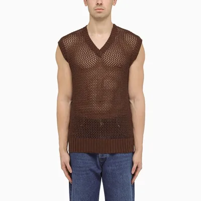 Tagliatore Brown Perforated Cotton Waistcoat