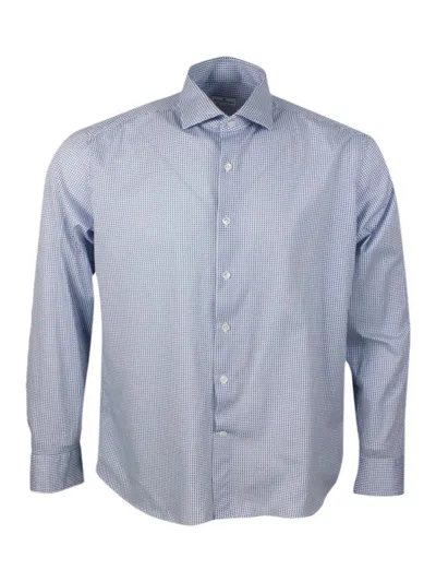 Sonrisa Luxury Shirt In Soft, Precious And Very Fine Stretch Cotton Flower With French Collar In A Small Blu In 02