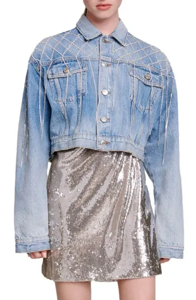 Maje Womens Bleus Belmas Rhinestone-embellished Cropped Denim Jacket In Blue