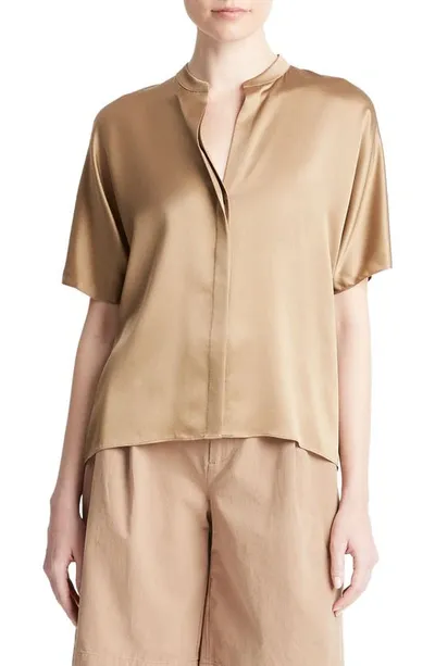 Vince Short-sleeve Dolman Button-front Silk Blouse In Gold