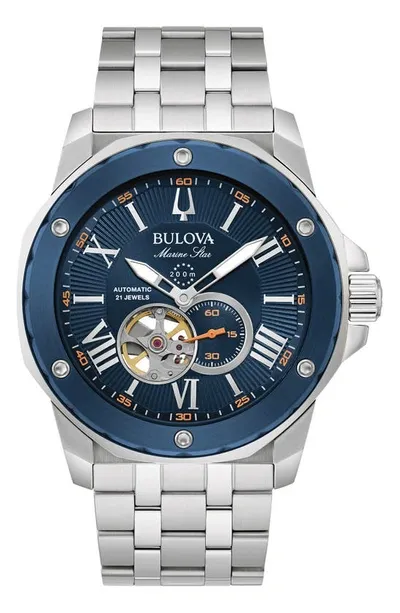 Bulova Men's Automatic Marine Star Stainless Steel Bracelet Watch 45mm In Blue