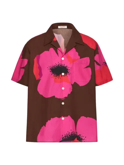 Valentino Flower Portrait-print Bowling Shirt In Tobacco Pink