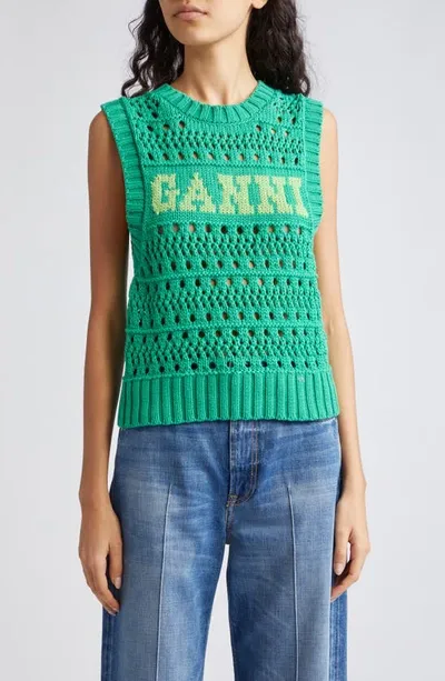 Ganni Logo-jacquard Crochet Sweater Vest In Green