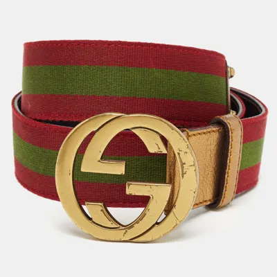 Pre-owned Gucci Burgundy Leather And Web Detail Interlocking Gg Buckle Belt 95 Cm