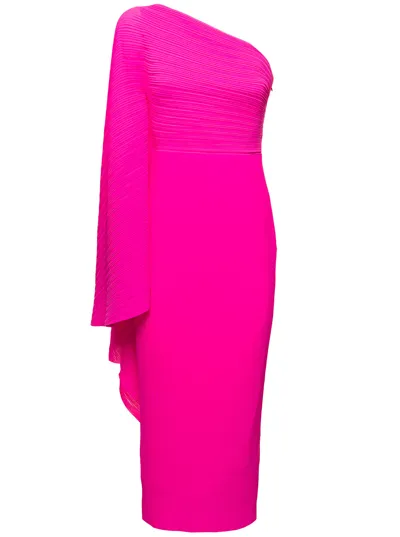 Solace London Lenna Midi Fuchsia One-shoulder Dress In Pleated Fabric Woman In Pink