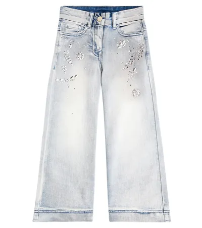 Monnalisa Kids' Crystal-embellished Wide-leg Jeans In Blue