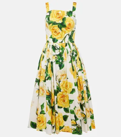 Dolce & Gabbana Flower Print Cotton Midi Dress In Rose Gialle