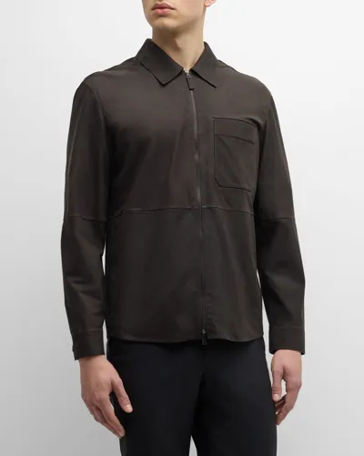 Zegna Men's Suede Full-zip Overshirt In Brown