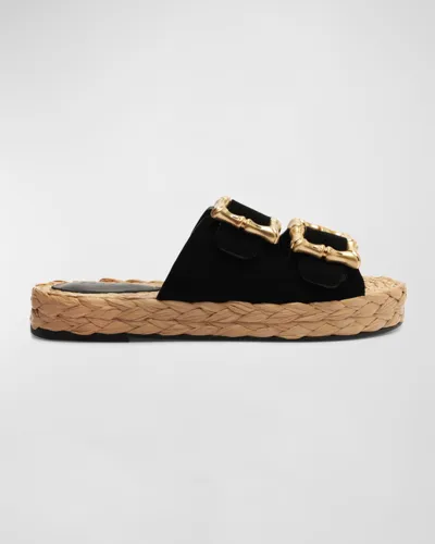 Schutz Enola Suede Dual-buckle Espadrille Sandals In Black