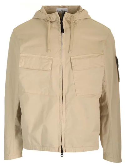 Stone Island Logo Patch Hooded Drawstring Jacket In Beige