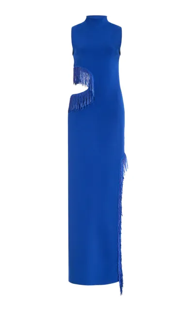 Galvan Nova Beaded Cutout Knit Maxi Dress In Blue