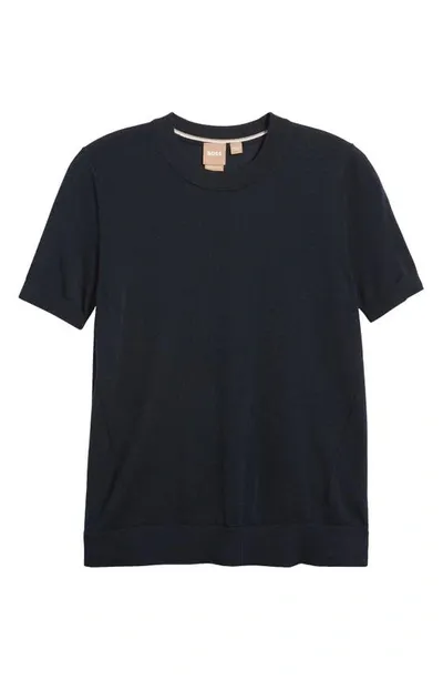 Hugo Boss Short-sleeved Sweater In Merino Wool In Dark Blue