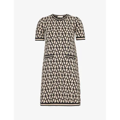 Valentino Wool Knit Logo Short Sleeve Mini Dress In Beige,black