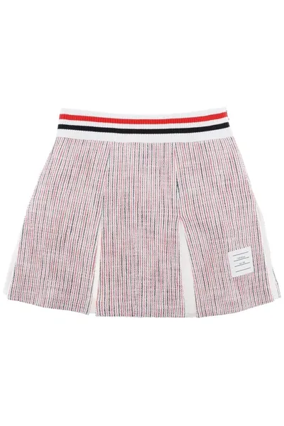 Thom Browne Tweed Seersucker Pleated Skirt In White,blue,red